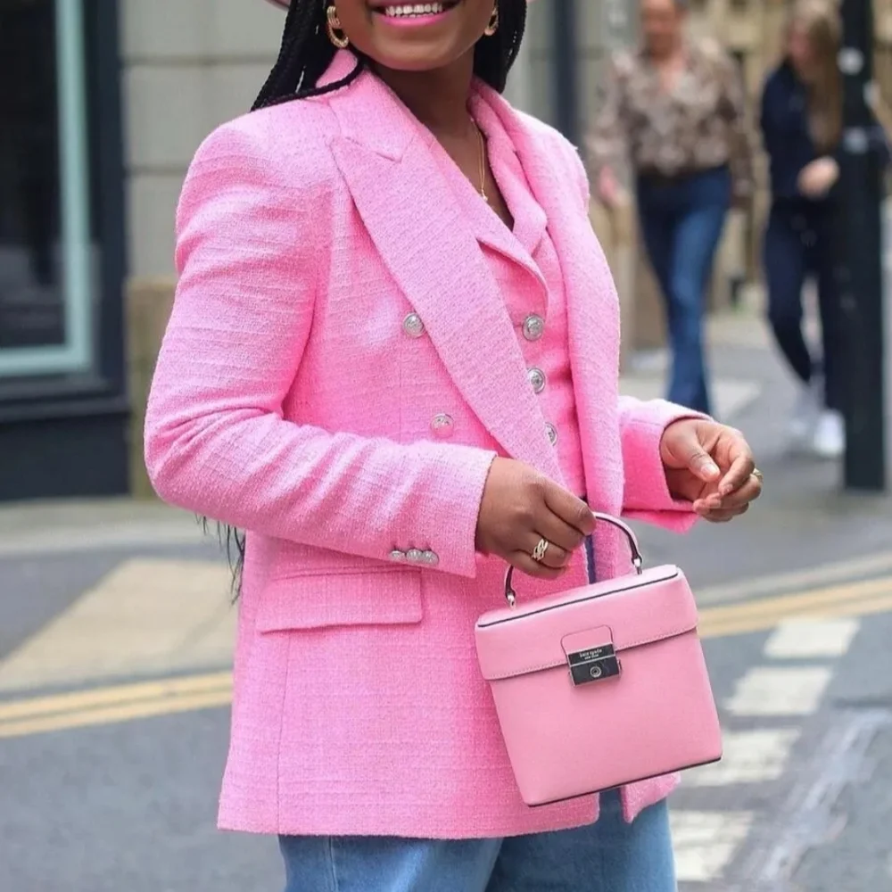 Zara Textured Tweed  Double Breasted  Blazer pink size S - Picture 5 of 17